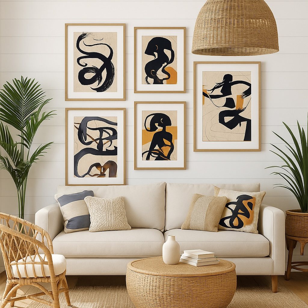 Love & Paper prints styled on a living-room gallery wall